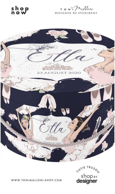 Cutie de trusou rotunda mucava personalziata cu mica balerina in nuante de roz alb si bleumarin 2